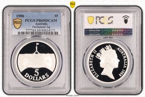 1988 $5 Parliament Ag PR69DCAM