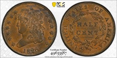 1826 1/2C AU58BN