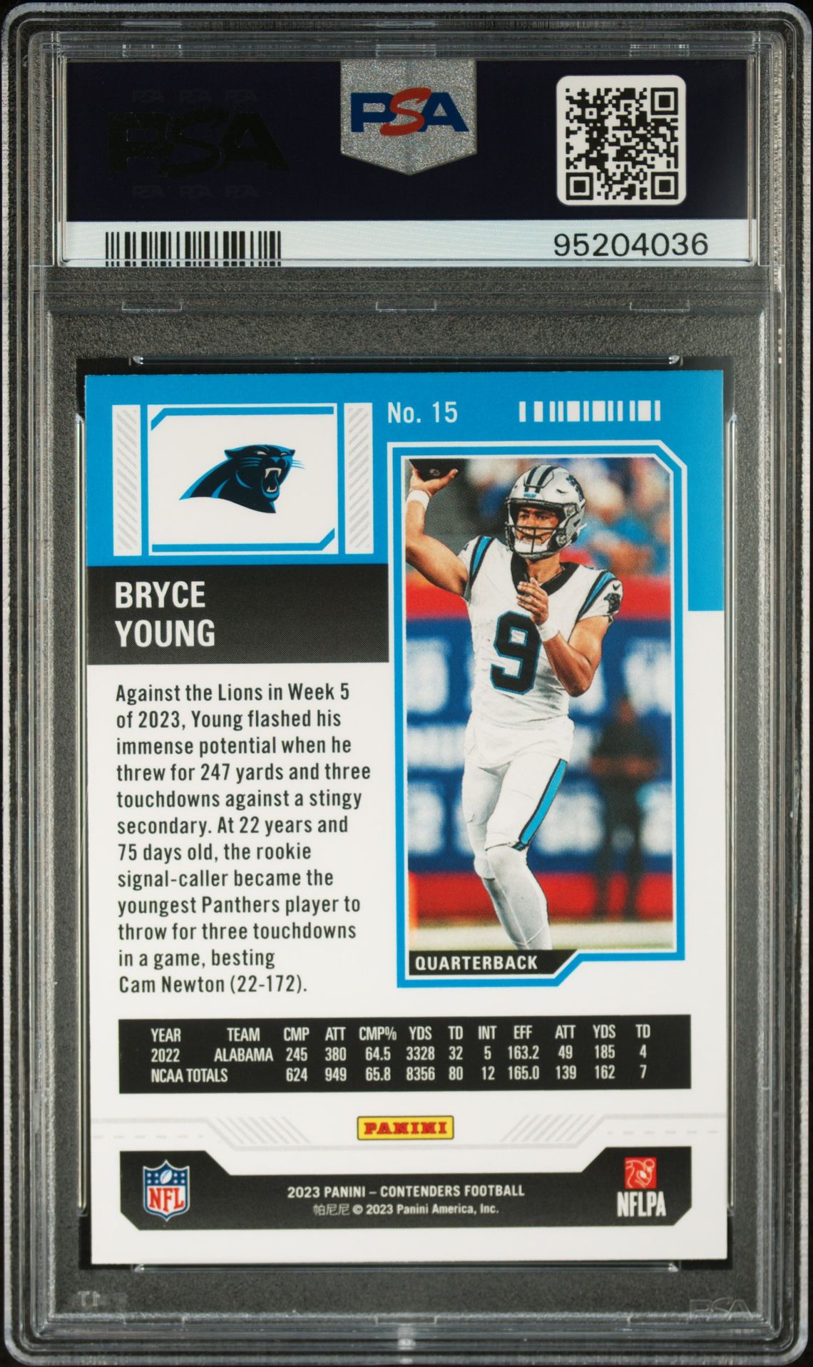 2023 Panini Contenders Bryce Young #15 (Retail) Gem Mt 10 back