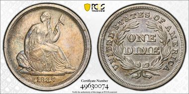 1837 10C Seated, Small Date AU53