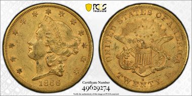 1866-S $20 No Motto AU58