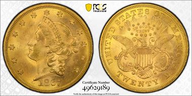 1867 $20 MS63+