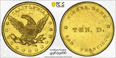 (1849) $10 Miners' Bank AU58