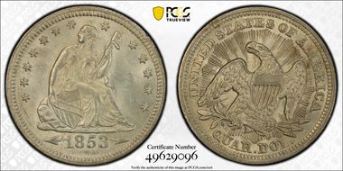 1853 25C Arrows and Rays MS63