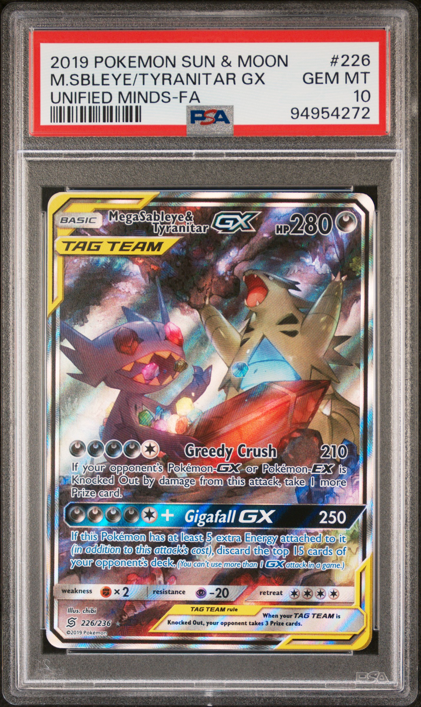 2019 #226 Full Art/Mega Sableye & Tyranitar GX PSA 10 Sun & Moon Unified Minds
