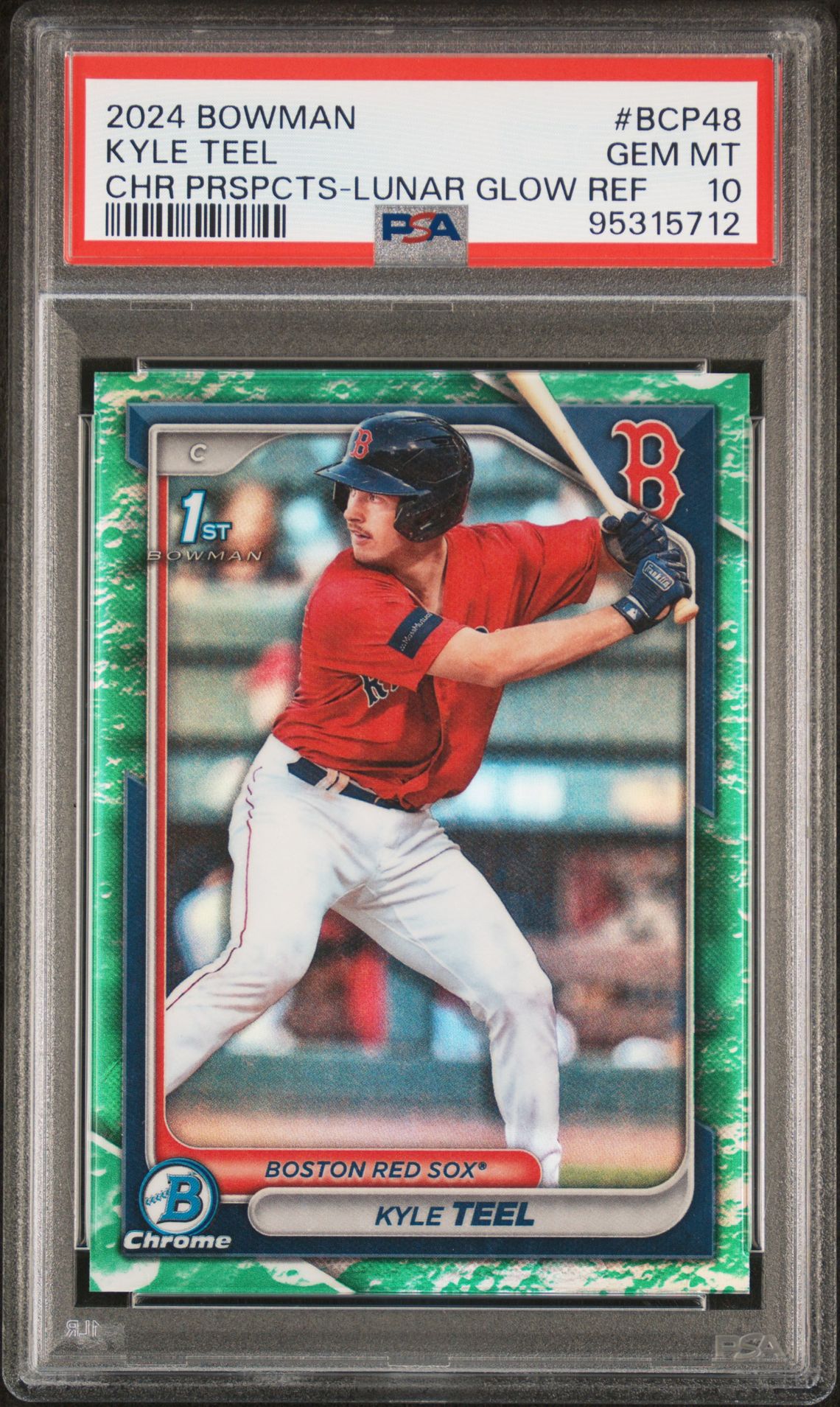 2024 Bowman Chrome Prospects Kyle Teel #Bcp48 (Chr Prspcts-Lunar Glow Ref) Gem Mt 10 front view - PSA graded GEM MT 10