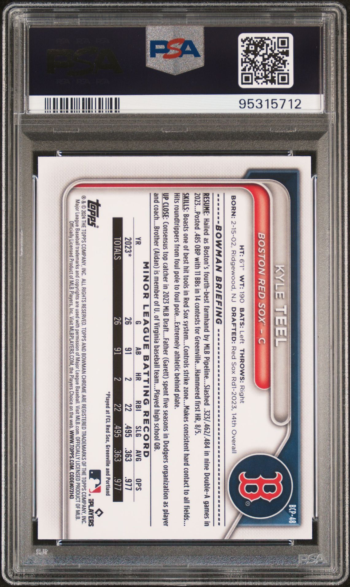 2024 Bowman Chrome Prospects Kyle Teel #Bcp48 (Chr Prspcts-Lunar Glow Ref) Gem Mt 10 back view - PSA certificate #95315712