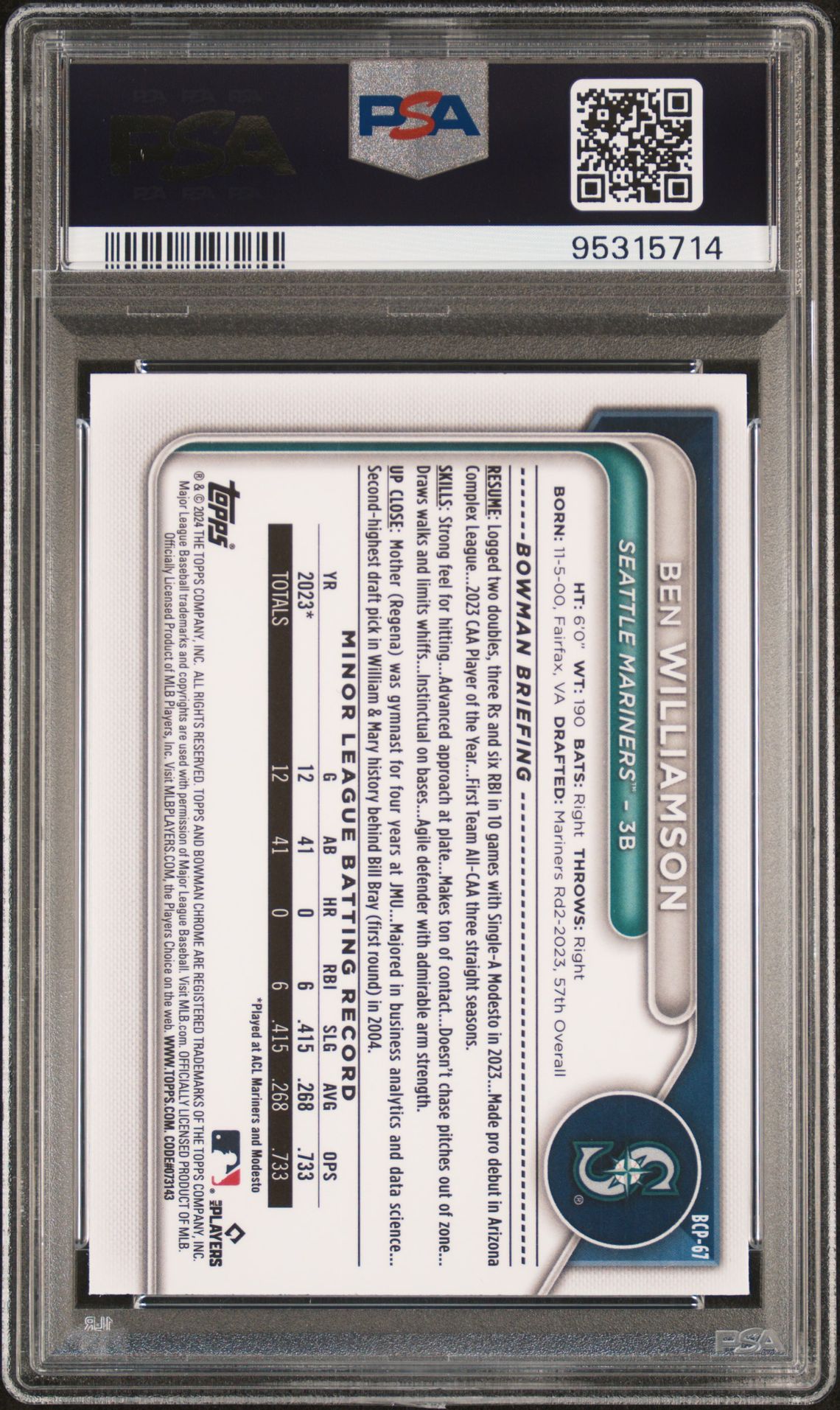 2024 Bowman Chrome Prospects Ben Williamson #Bcp67 (Chr Prspcts-Aqua Shim Ref) Gem Mt 10 back view - PSA certificate #95315714