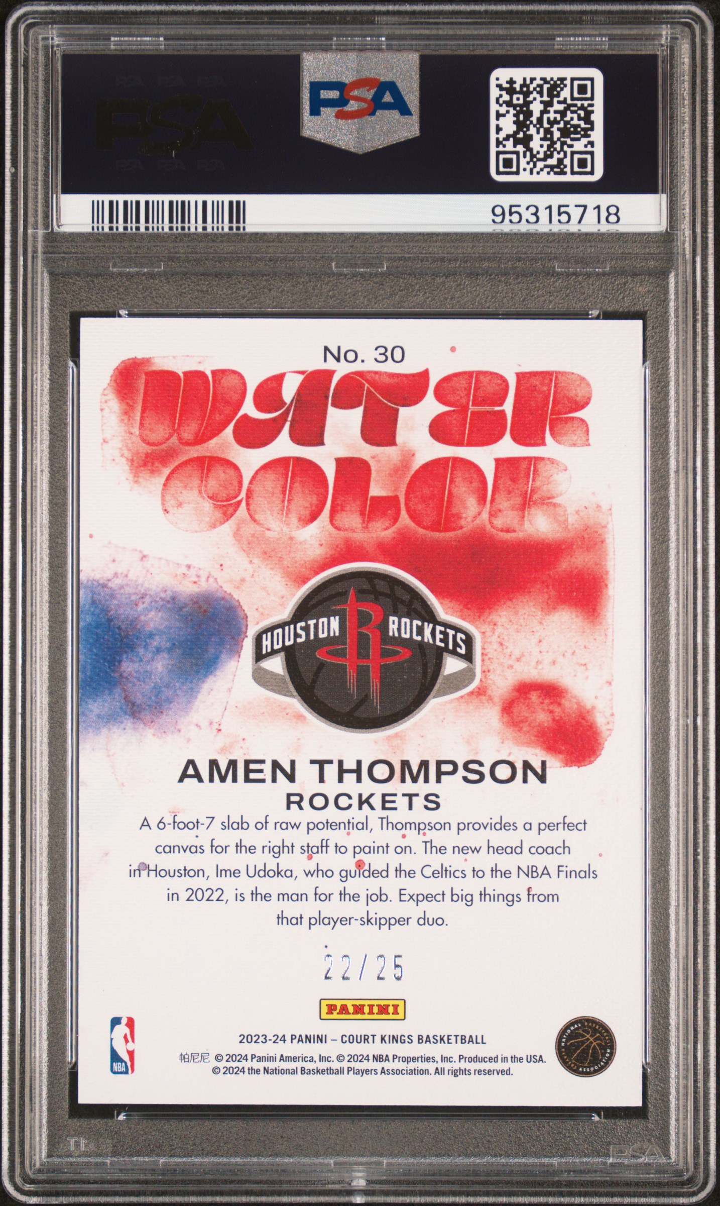 2023 Panini Court Kings Water Color Amen Thompson #30 (Water Color-Sapphire) Gem Mt 10 back