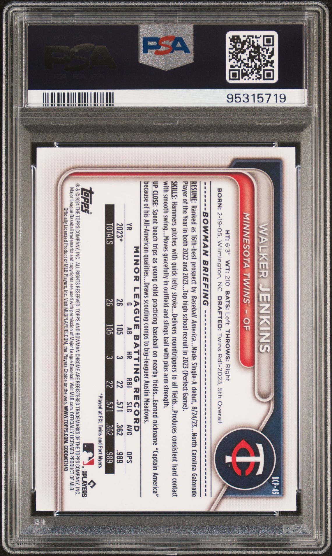 2024 Bowman Chrome Prospects Walker Jenkins #Bcp43 Gem Mt 10 back