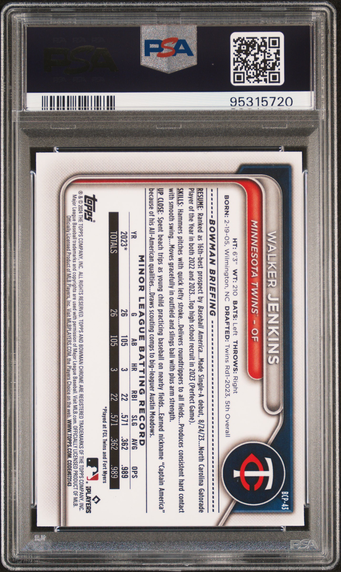 2024 Bowman Chrome Prospects Walker Jenkins #Bcp43 Gem Mt 10 back