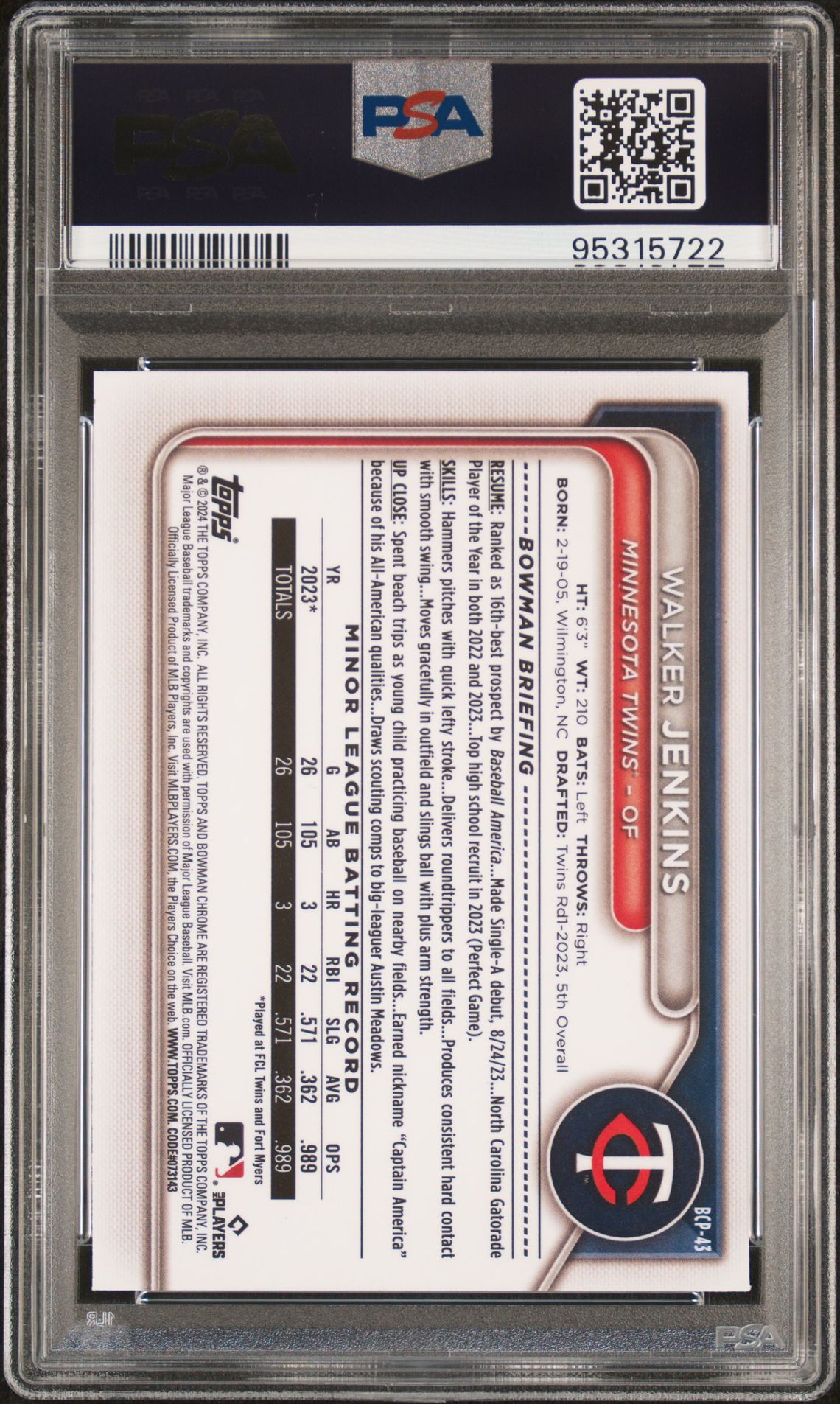 2024 Bowman Chrome Prospects Walker Jenkins #Bcp43 Gem Mt 10 back view - PSA certificate #95315722