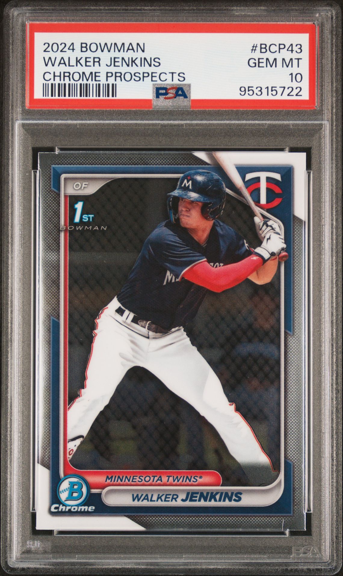 2024 Bowman Chrome Prospects Walker Jenkins #Bcp43 Gem Mt 10 front view - PSA graded GEM MT 10