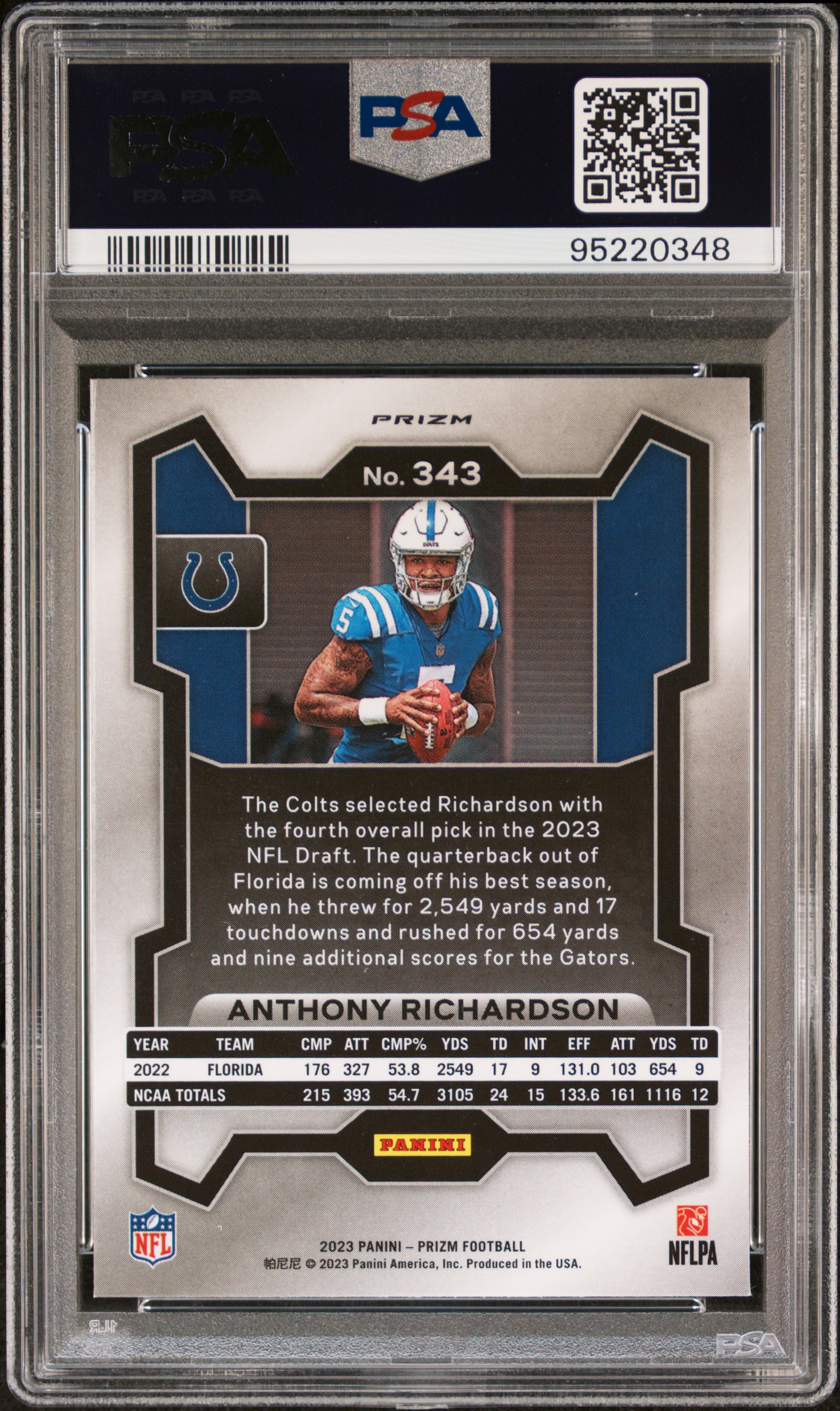 2023 Panini Prizm Anthony Richardson #343 (Neon Green Pulsar) Gem Mt 10 back