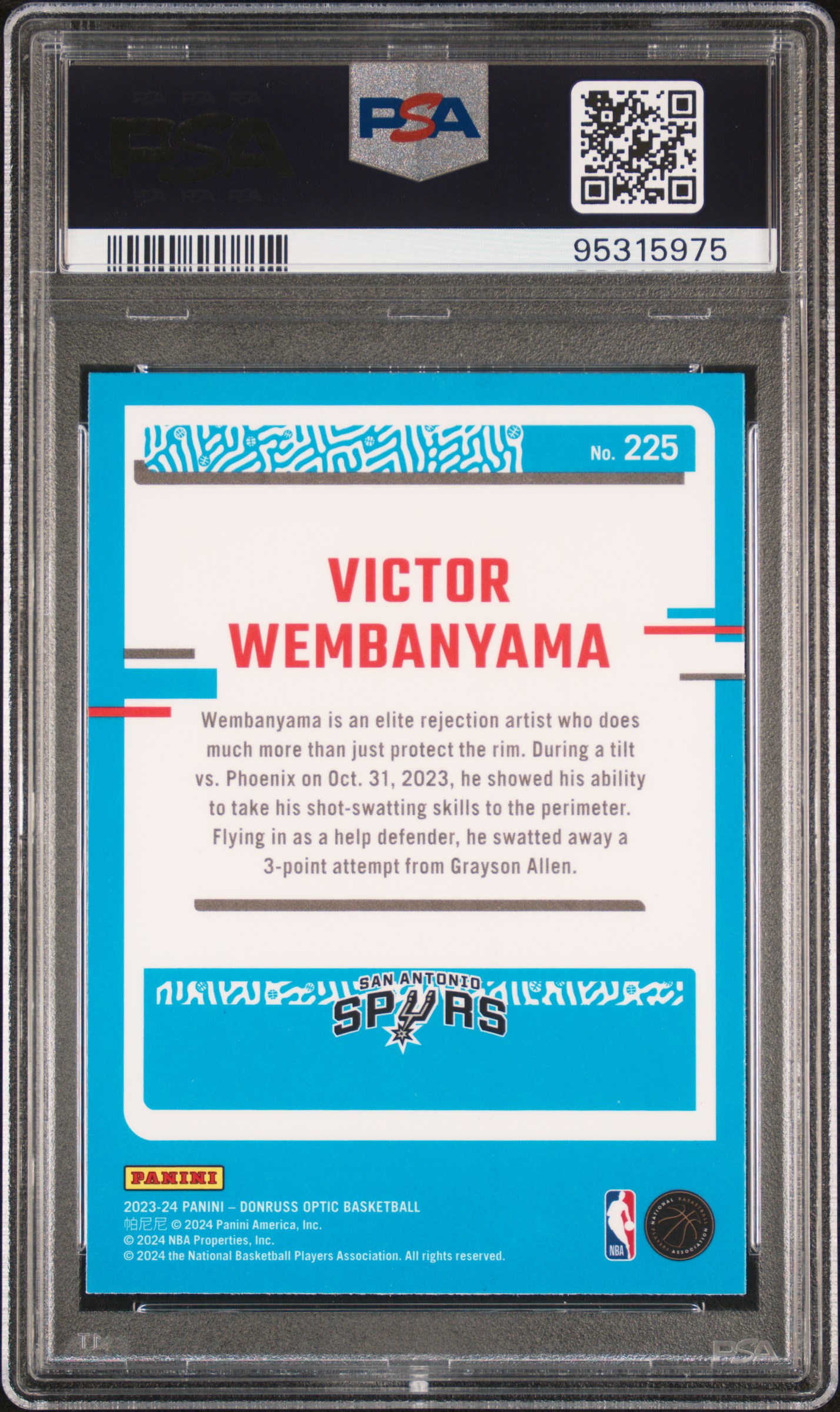 2023 Panini Donruss Optic Victor Wembanyama #225 Gem Mt 10 back