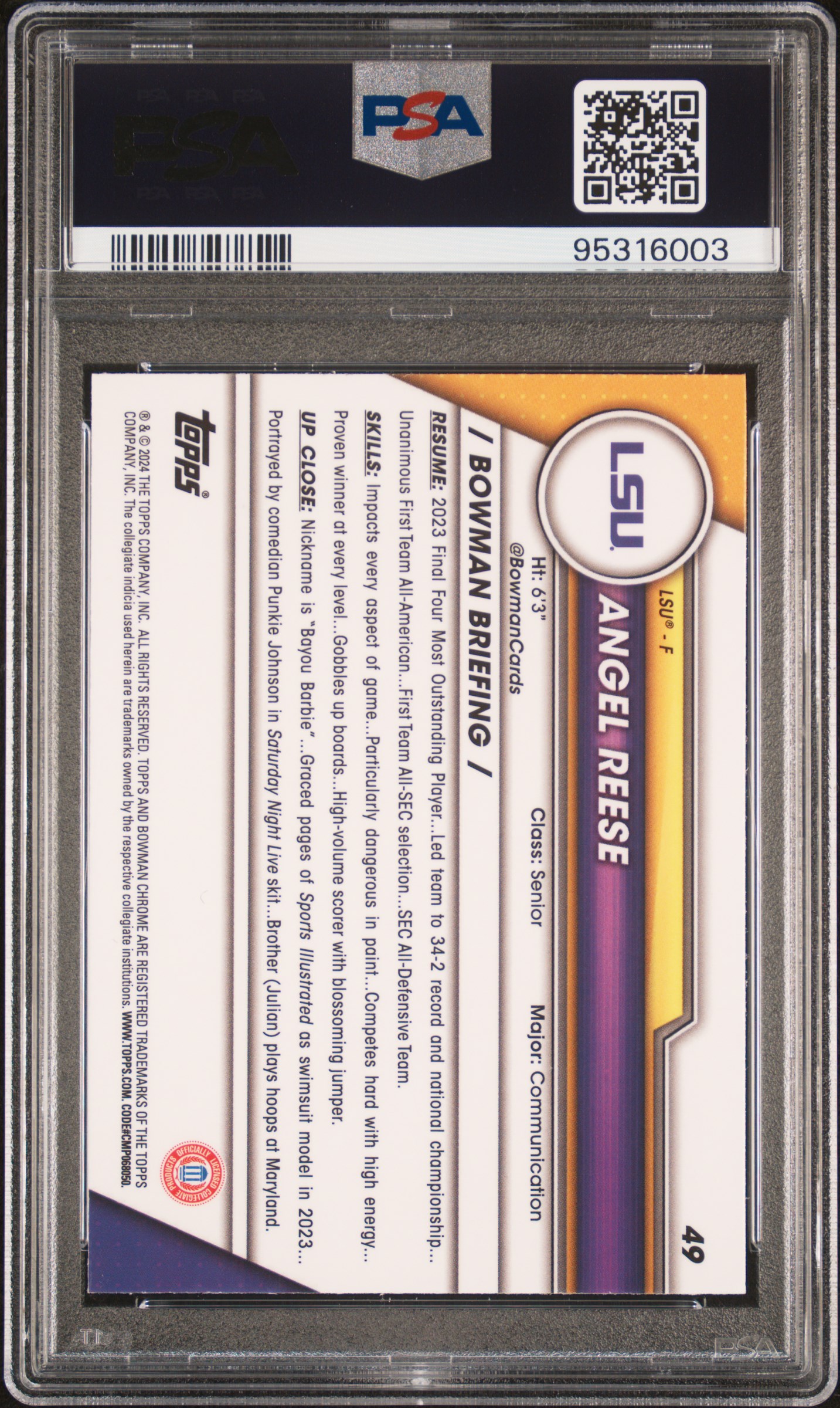 2023 Bowman University Chrome Angel Reese #49 (Pink Refractor) Gem Mt 10 back