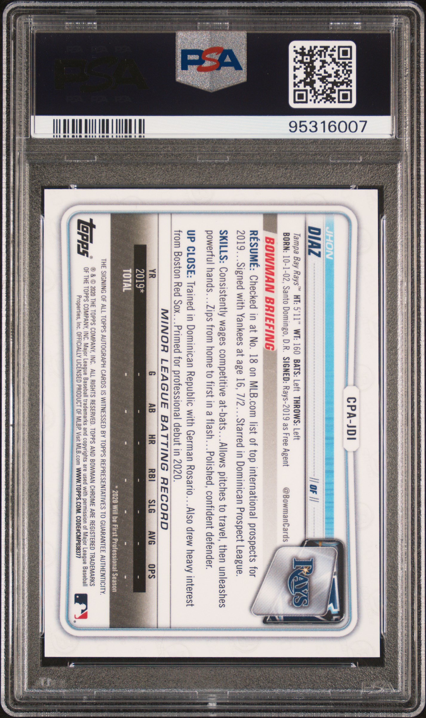 2020 Bowman Chrome Prospect Autographs Jhon Diaz #Cpajdi (Pros.auto-Gold Shimmer) Mint 9 back