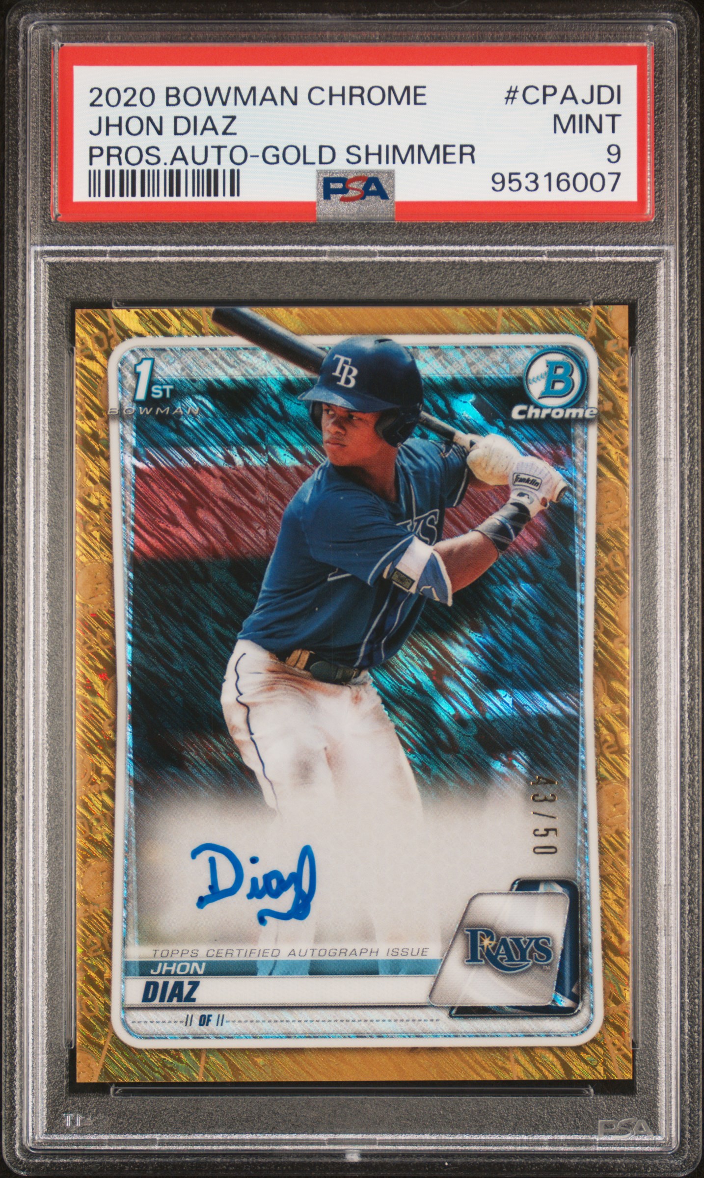 2020 Bowman Chrome Prospect Autographs Jhon Diaz #Cpajdi (Pros.auto-Gold Shimmer) Mint 9 front