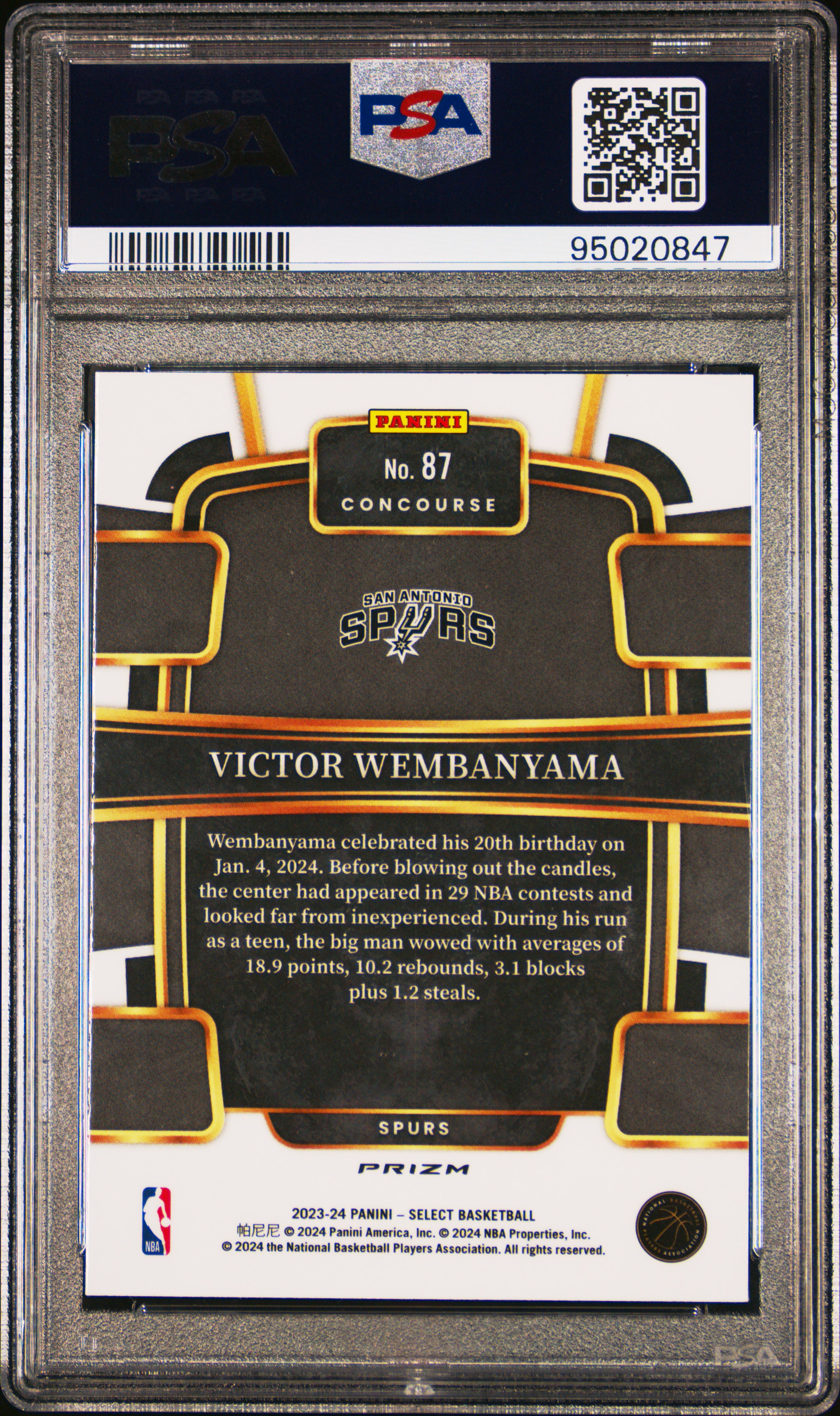 2023 Panini Select Victor Wembanyama #87 (Tectonic) Gem Mt 10 back