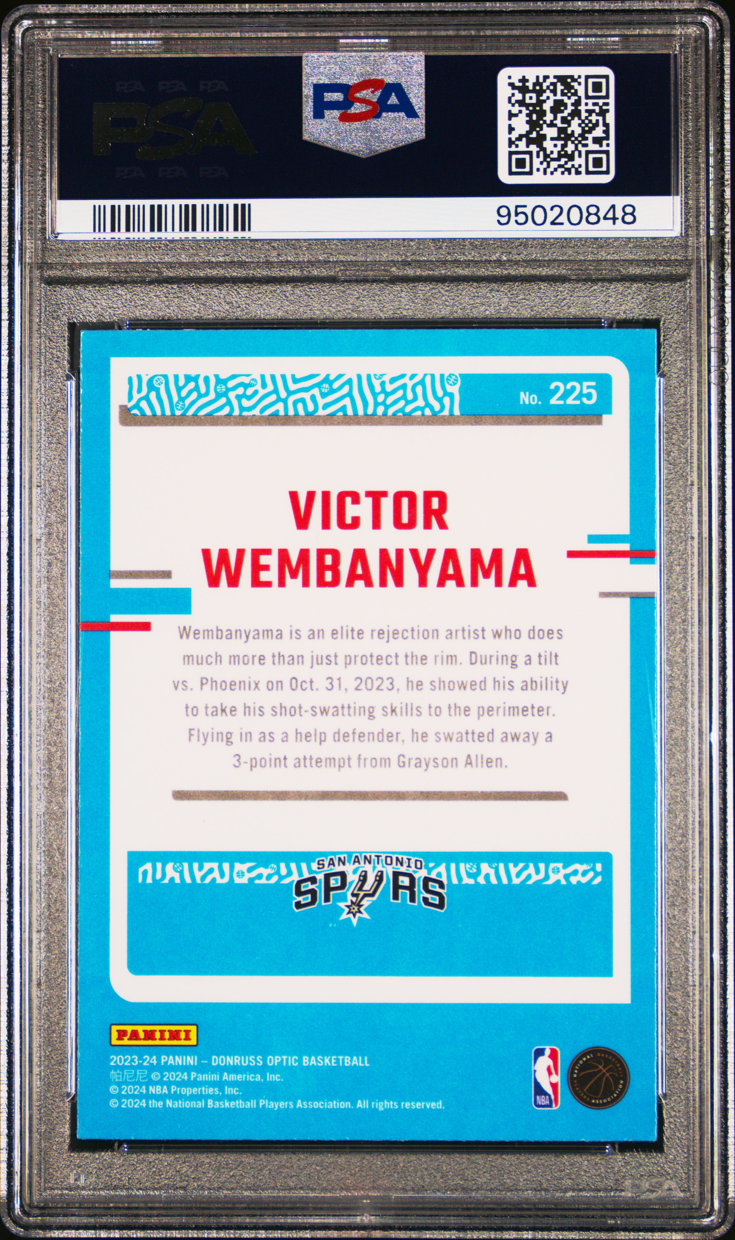 2023 Panini Donruss Optic Victor Wembanyama #225 Gem Mt 10 back