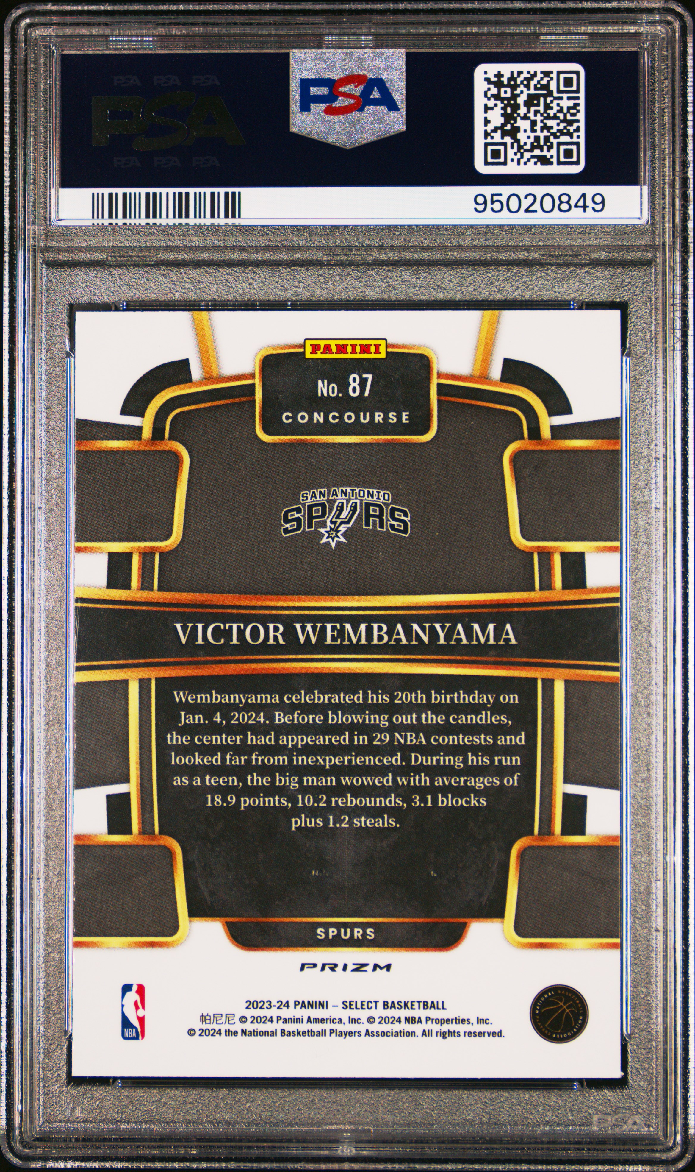 2023 Panini Select Victor Wembanyama #87 (Green/White/Purple Prizm) Mint 9 back