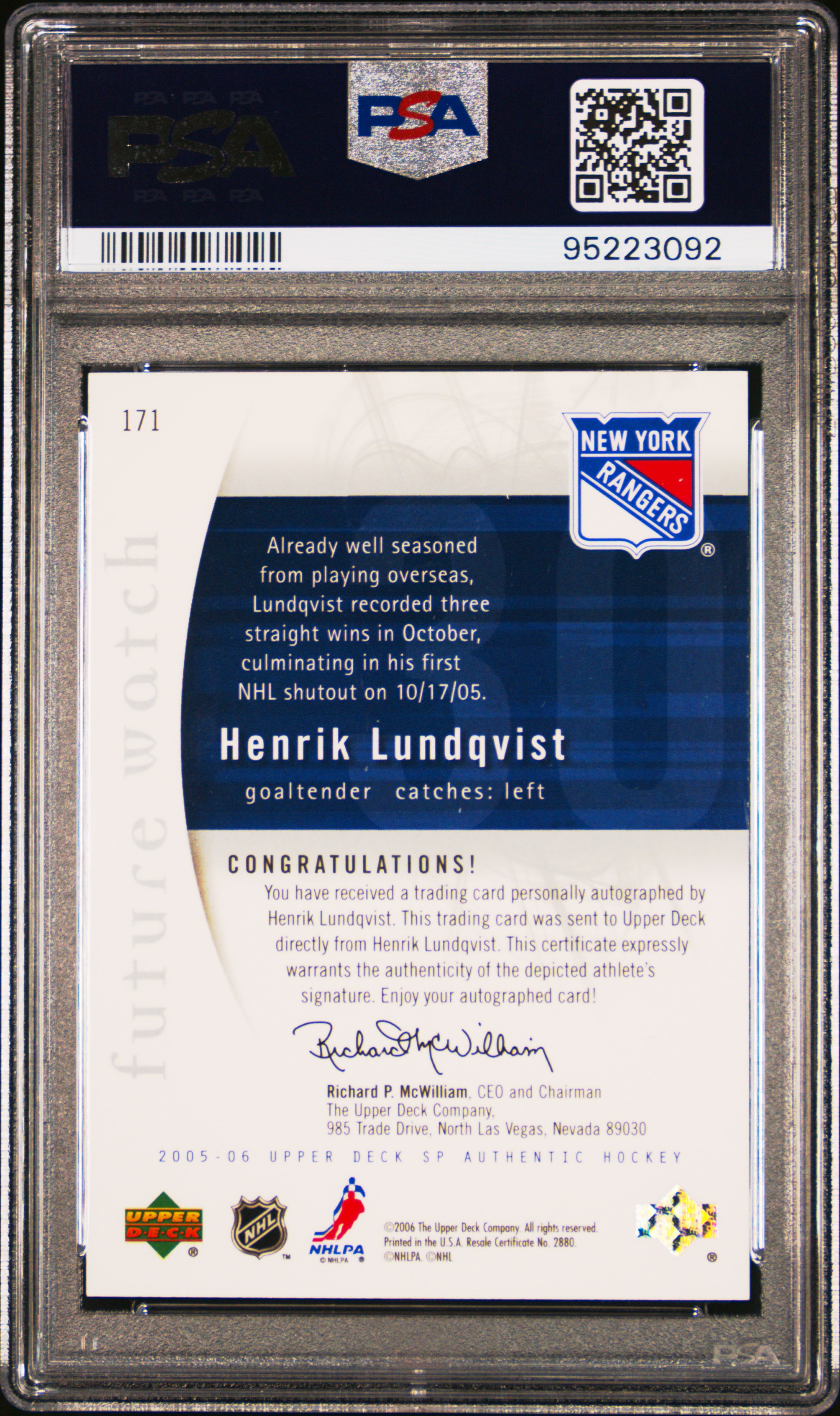 2005 Sp Authentic Henrik Lundqvist #171 (Autograph) Mint 9 back
