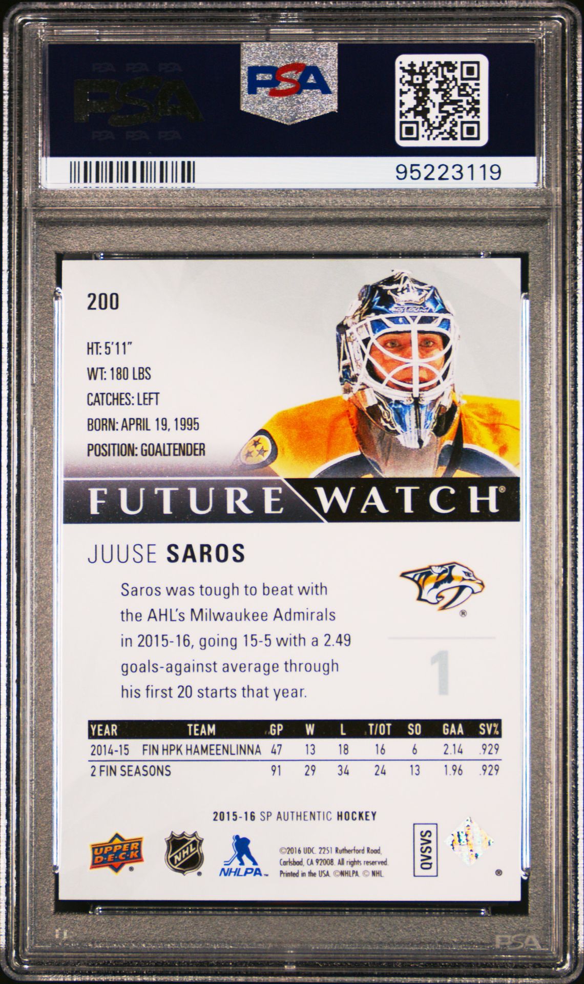 2015 Sp Authentic Juuse Saros #200 Gem Mt 10 back
