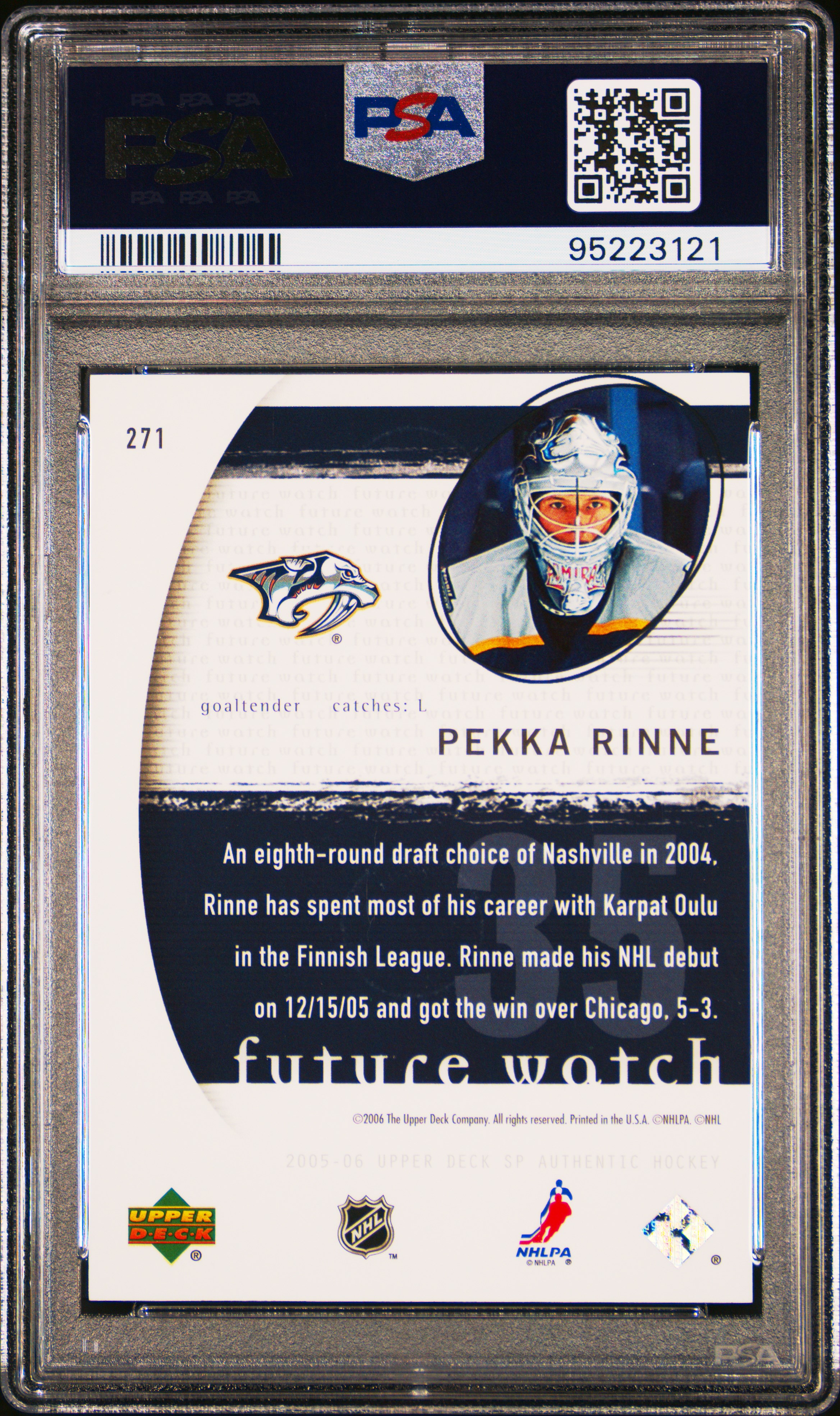 2005 Sp Authentic Pekka Rinne #271 Gem Mt 10 back