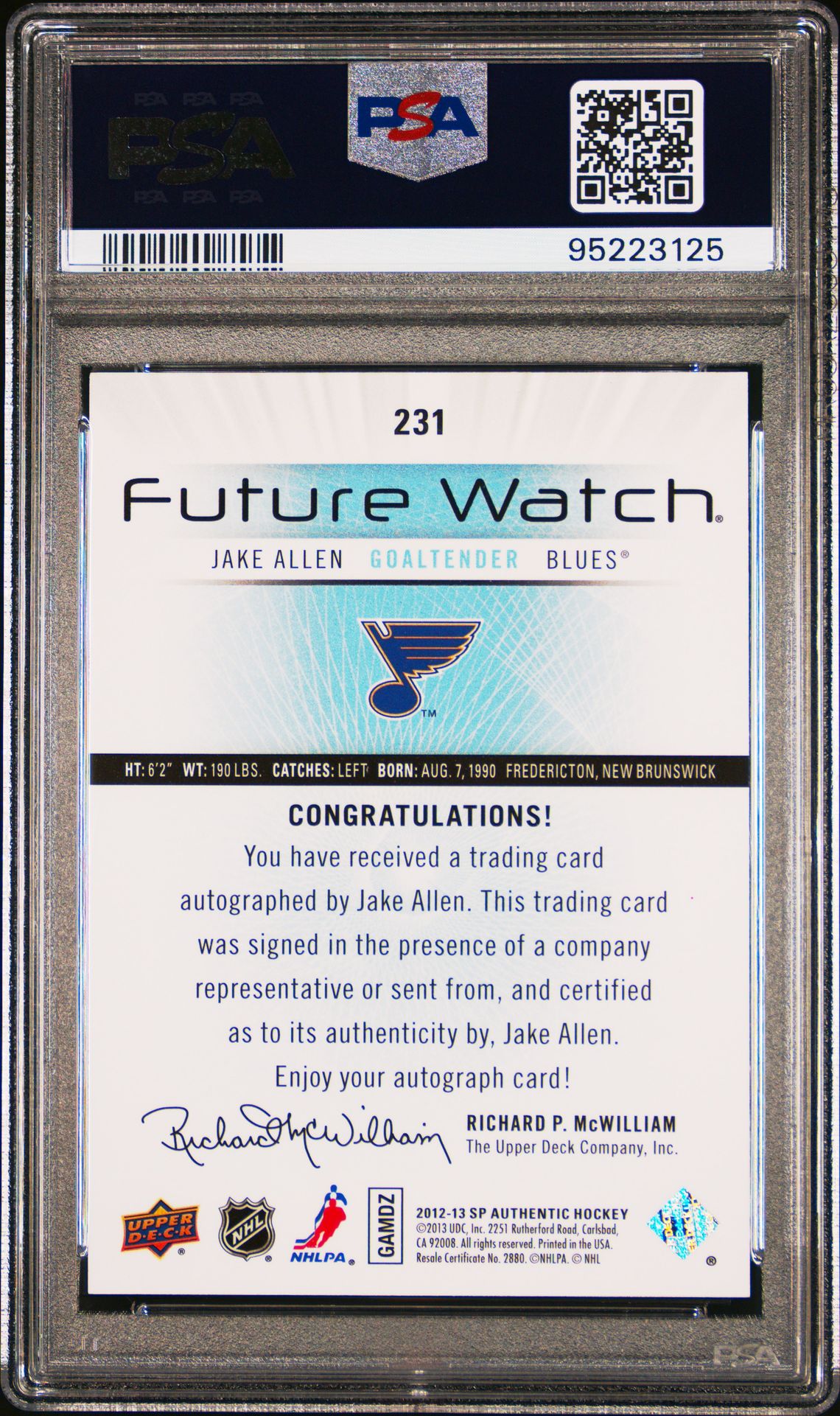 2012 Sp Authentic Jake Allen #231 (Autograph) Gem Mt 10 back