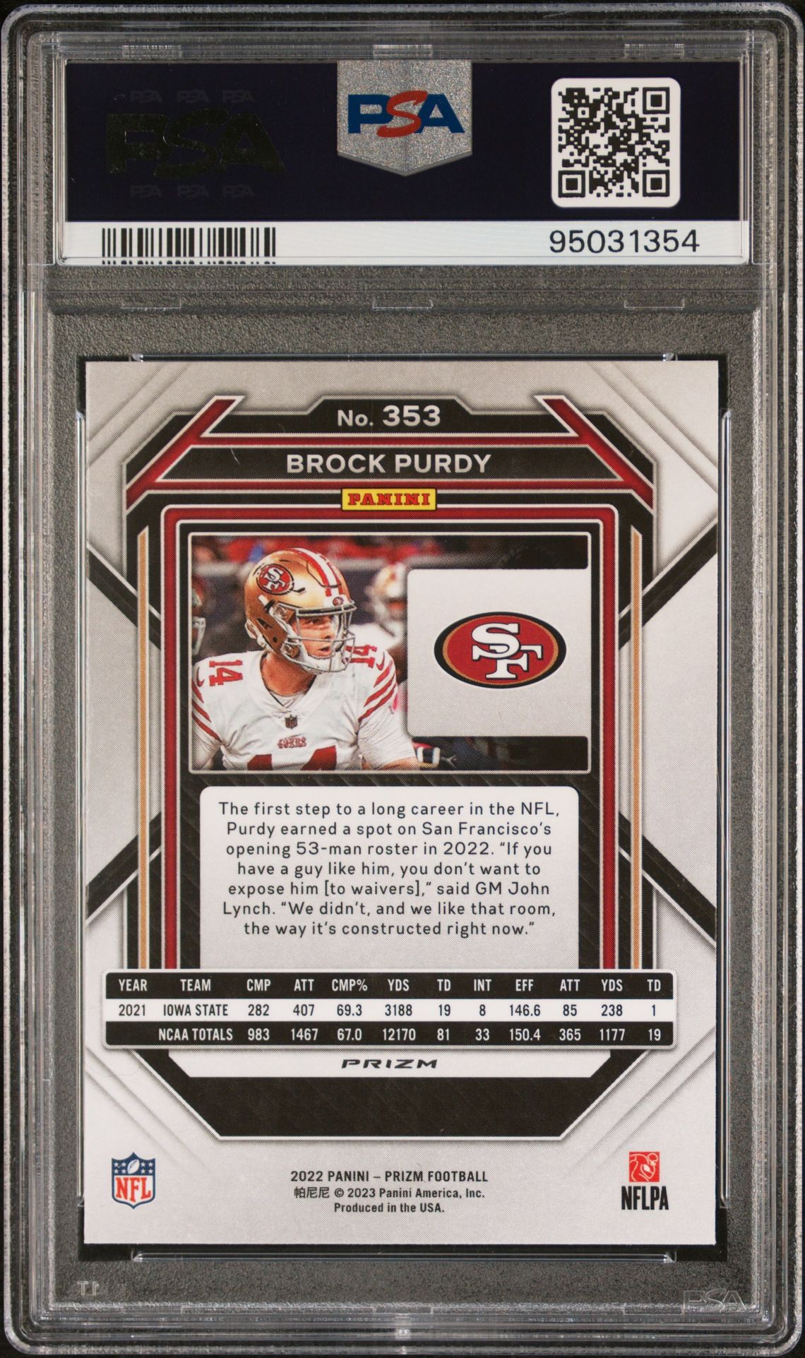 2022 Panini Prizm Brock Purdy #353 (Red/White/Blue) Mint 9 back