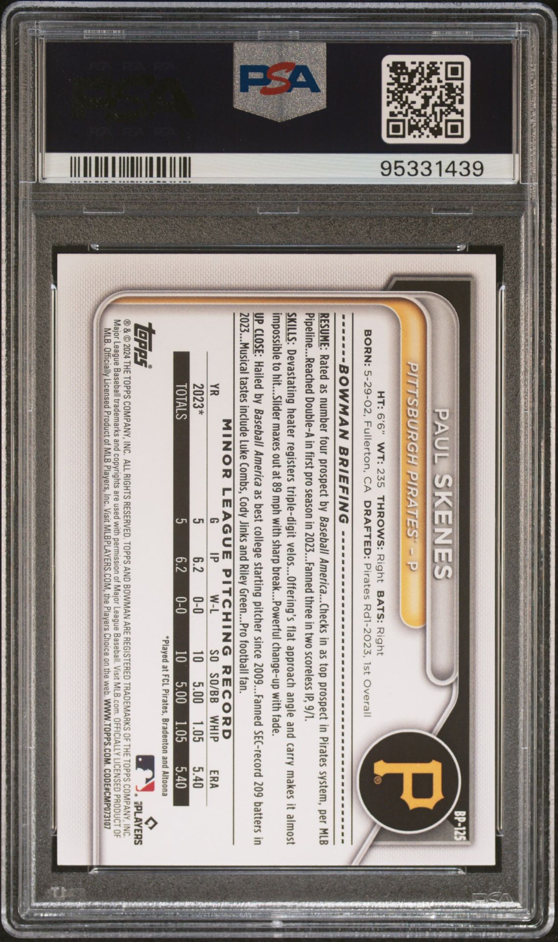 2024 Bowman Paper Prospects Paul Skenes #Bp125 (Paper Prospects-Fuchsia) Gem Mt 10 back