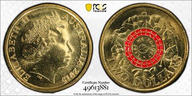 2015 $2 Lest We Forget Colorized Poppy Counterstamp MS66