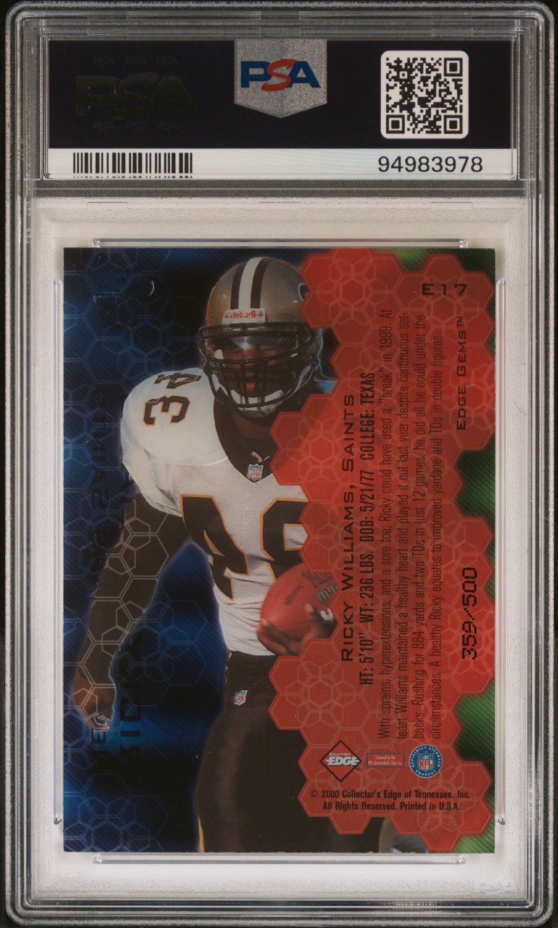 2000 Collector's Edge Graded Edge Gem Ricky Williams #E17 (Edge Gem) Mint 9 back