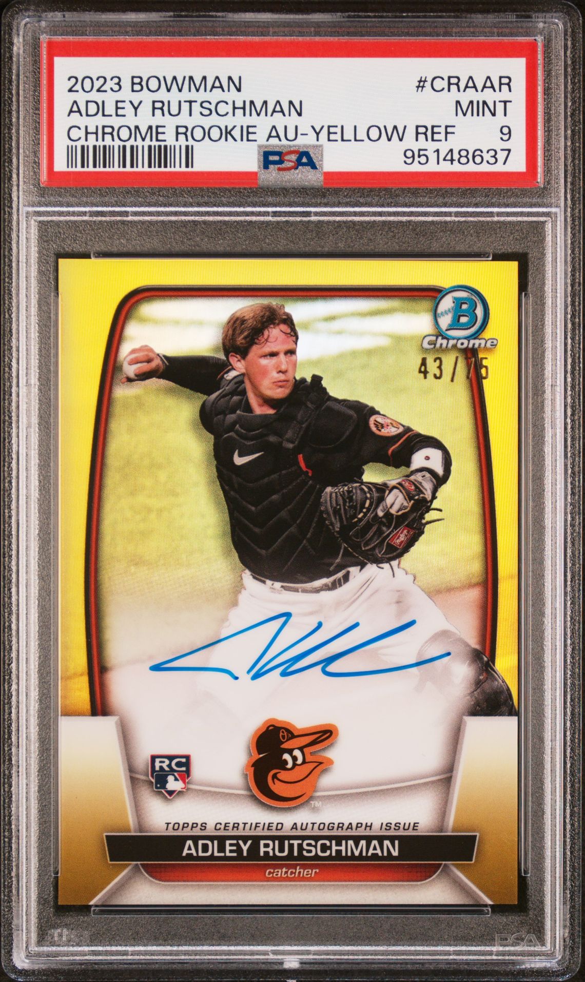 2023 Bowman BOWMAN CHROME ROOKIE AUTOGRAPHS YELLOW REF #CRAAR Adley Rutschman front