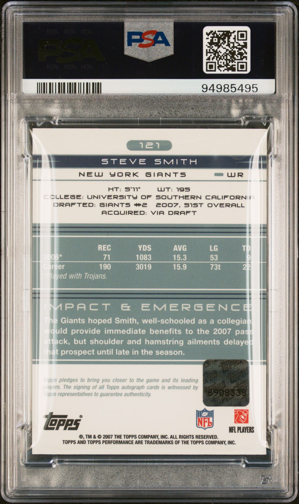 2007 Topps Performance Steve Smith #121 (Autograph) Ex-Mt 6 back