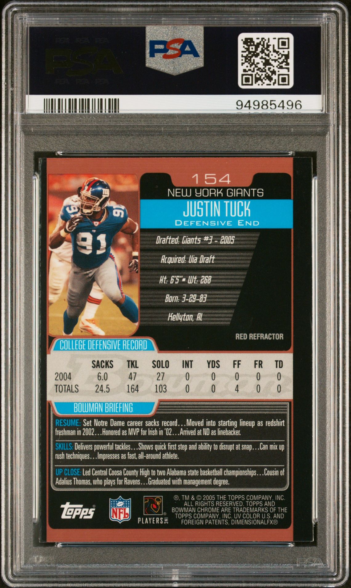 2005 Bowman Chrome Justin Tuck #154 (Red Refractor) Nm-Mt 8 back