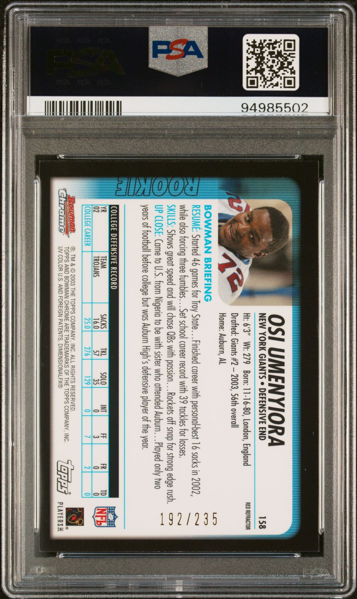 2003 Bowman Chrome Osi Umenyiora #158 (Red Refractor) Gem Mt 10 back