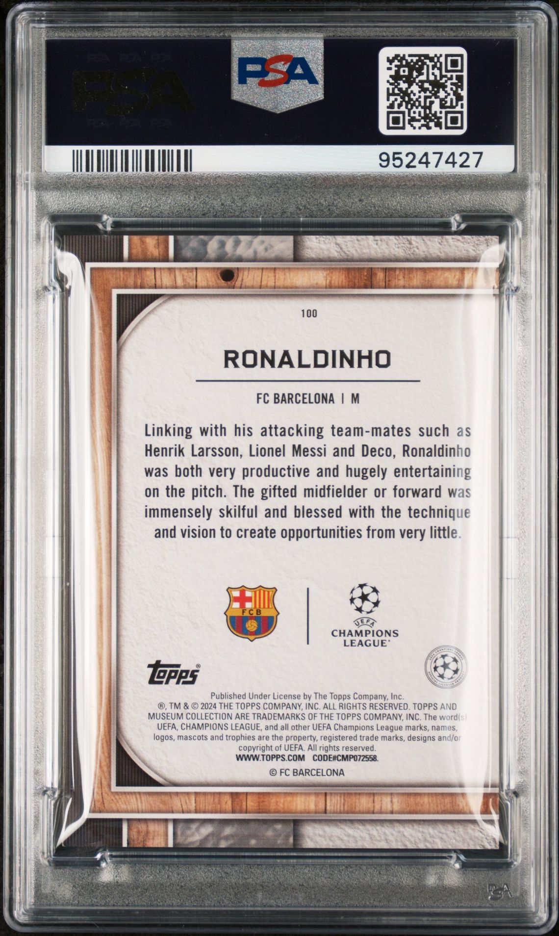 2023-24 Topps Museum Collection Uefa Champions League Ronaldinho #100 (Black Diamond) Mint 9 back