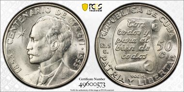 1953 50C Jose Marti KM-28  Ag MS63