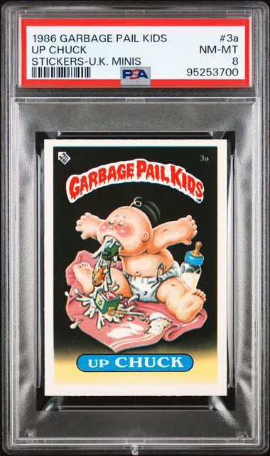 1986 Topps GARBAGE PAIL KIDS STICKERS-U.K. MINIS #3A Up Chuck front
