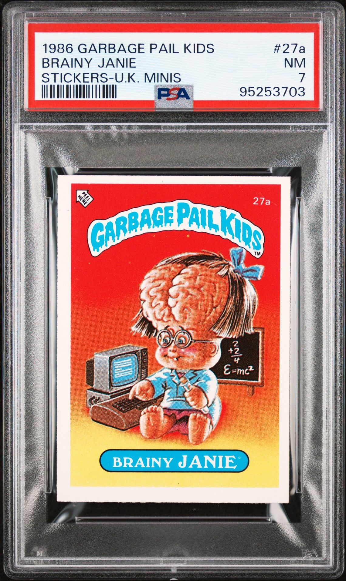 1986 Topps GARBAGE PAIL KIDS STICKERS-U.K. MINIS #27A Brainy Janie front