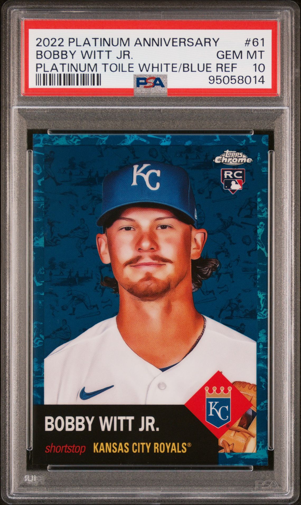 2022 Leaf TOPPS CHROME PLATINUM ANNIVERSARY PLATINUM TOILE WHITE/BLUE REF #61 Bobby Witt Jr. front
