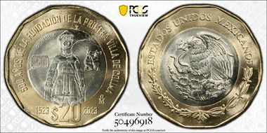 "2023" (2024)Mo 20 Peso 500th Anniversary Founding First Villa of Colima MS66
