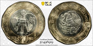 "2023" (2024)Mo 20 Peso 500th Anniversary Founding First Villa of Colima MS67