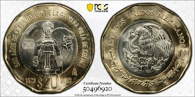 "2023" (2024)Mo 20 Peso 500th Anniversary Founding First Villa of Colima MS68