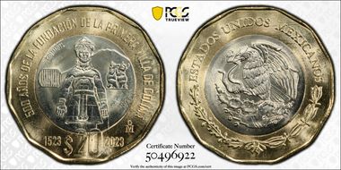"2023" (2024)Mo 20 Peso 500th Anniversary Founding First Villa of Colima MS67