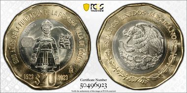"2023" (2024)Mo 20 Peso 500th Anniversary Founding First Villa of Colima MS66