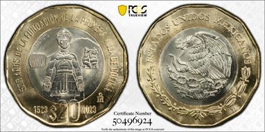 "2023" (2024)Mo 20 Peso 500th Anniversary Founding First Villa of Colima MS67