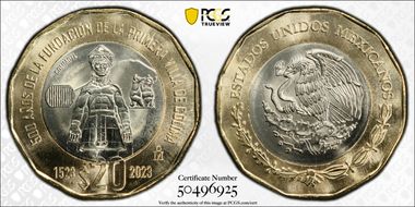 "2023" (2024)Mo 20 Peso 500th Anniversary Founding First Villa of Colima MS67