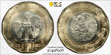"2023" (2024)Mo 20 Peso 500th Anniversary Founding First Villa of Colima MS67